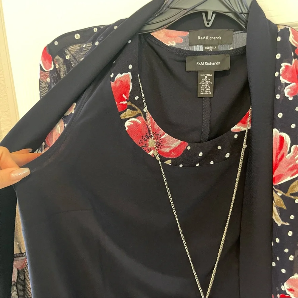 R & M Richards Womens Floral Jacket Dress With Removable Necklace